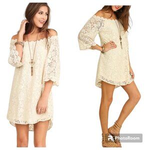 Umgee Boho Lace On Off The Shoulder Crochet Eyelet Trim Natural Cream Mini Dress